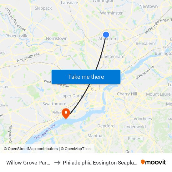 Willow Grove Park Mall to Philadelphia Essington Seaplane Base map