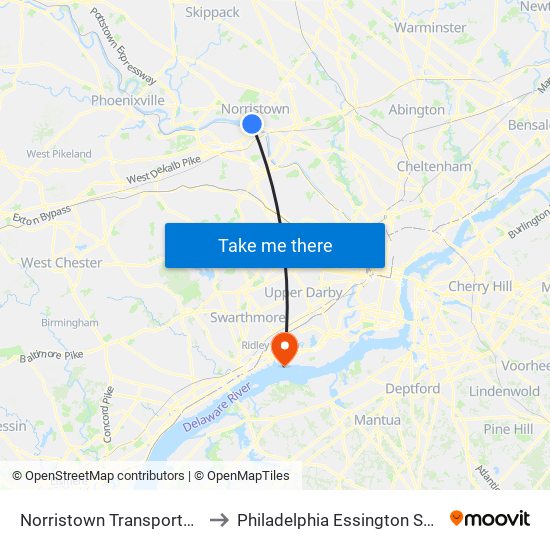 Norristown Transportation Center to Philadelphia Essington Seaplane Base map