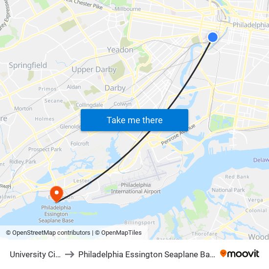 University City to Philadelphia Essington Seaplane Base map