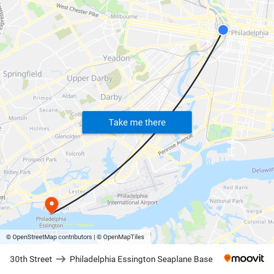 30th Street to Philadelphia Essington Seaplane Base map