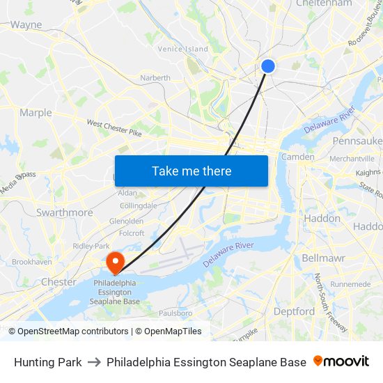 Hunting Park to Philadelphia Essington Seaplane Base map