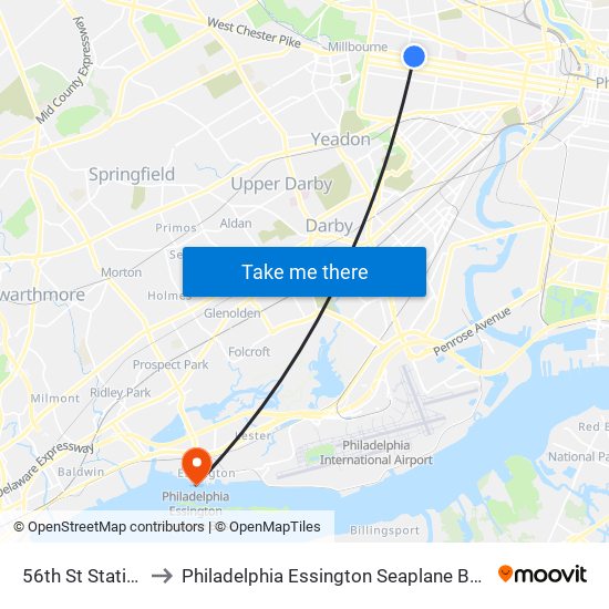 56th St Station to Philadelphia Essington Seaplane Base map