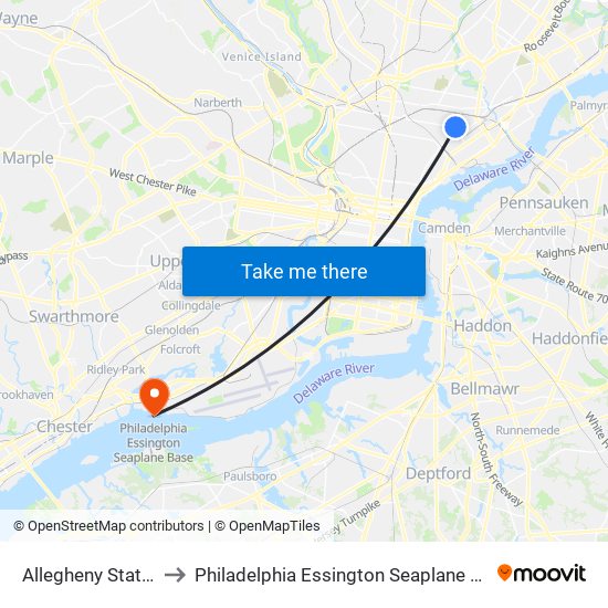 Allegheny Station to Philadelphia Essington Seaplane Base map