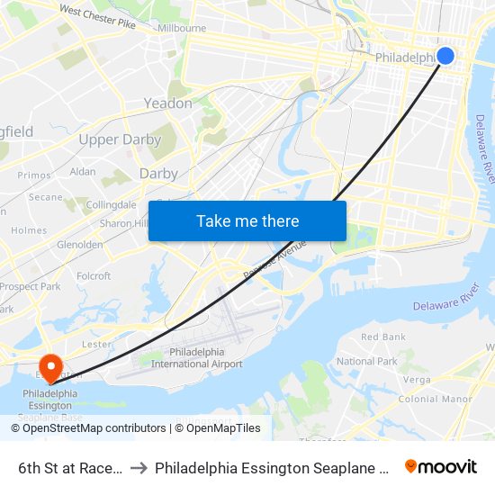 6th St at Race St to Philadelphia Essington Seaplane Base map