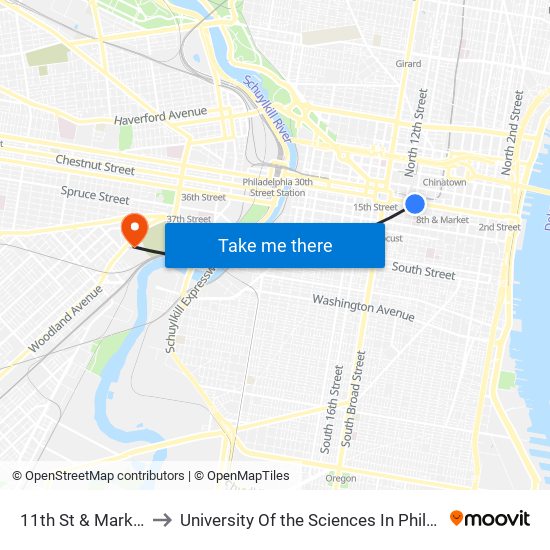 11th St & Market St to University Of the Sciences In Philadelphia map