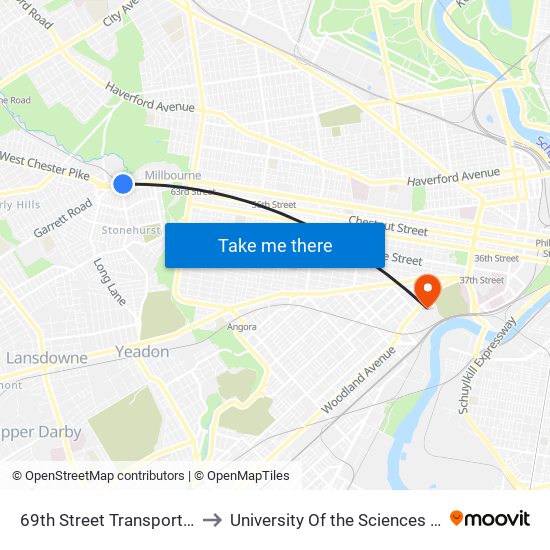 69th Street Transportation Center to University Of the Sciences In Philadelphia map