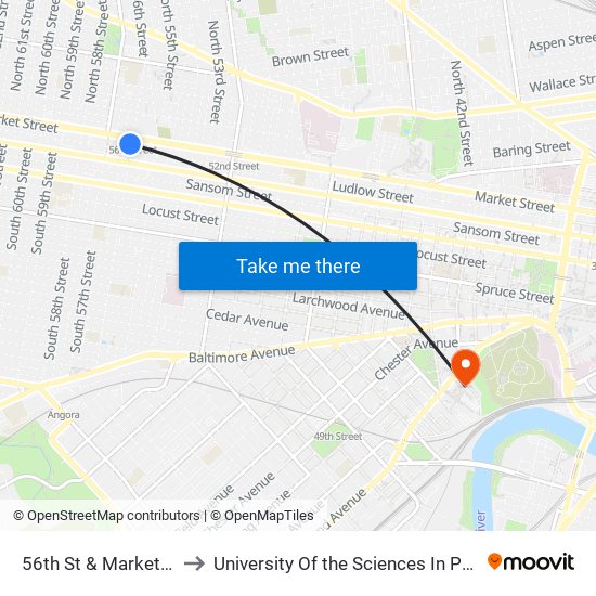 56th St & Market St - Fs to University Of the Sciences In Philadelphia map