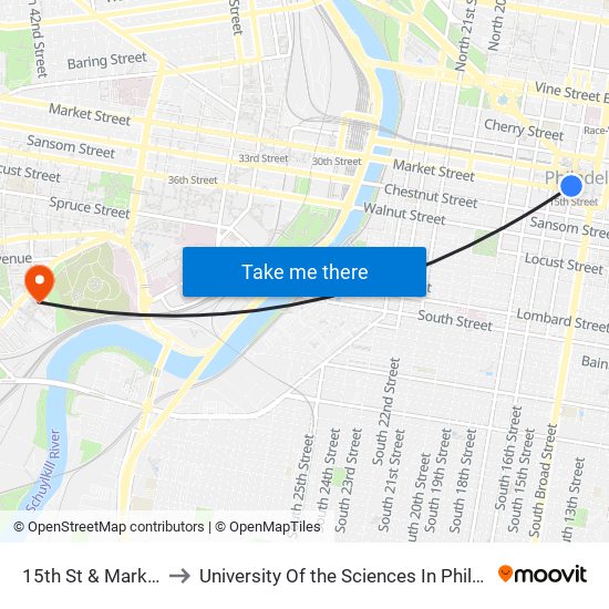 15th St & Market St to University Of the Sciences In Philadelphia map