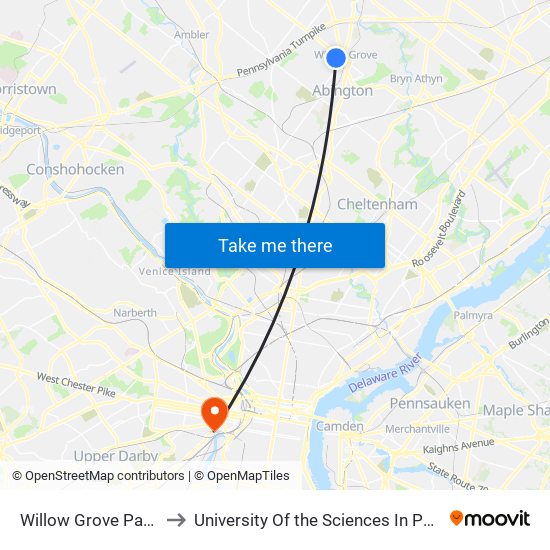 Willow Grove Park Mall to University Of the Sciences In Philadelphia map