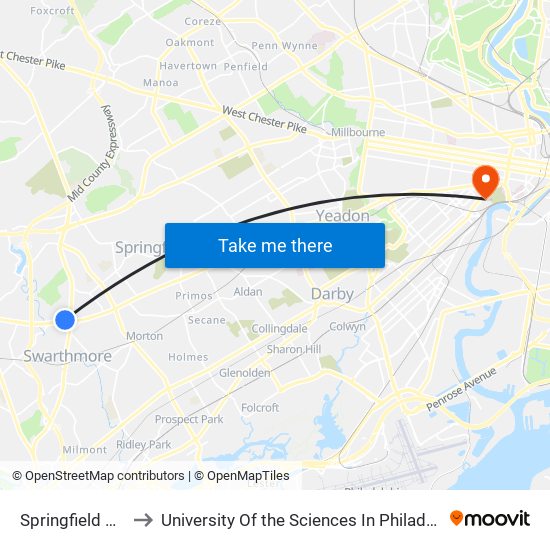 Springfield Mall to University Of the Sciences In Philadelphia map