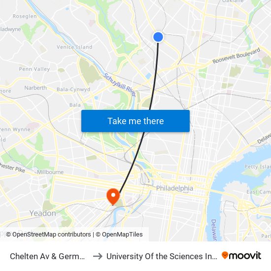 Chelten Av & Germantown Av to University Of the Sciences In Philadelphia map