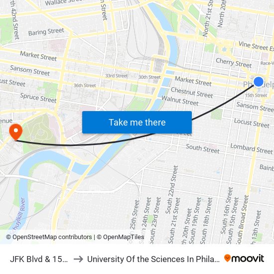 JFK Blvd & 15th St to University Of the Sciences In Philadelphia map