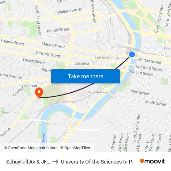 Schuylkill Av & JFK Blvd to University Of the Sciences In Philadelphia map
