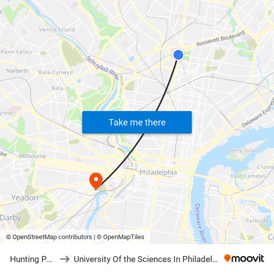 Hunting Park to University Of the Sciences In Philadelphia map