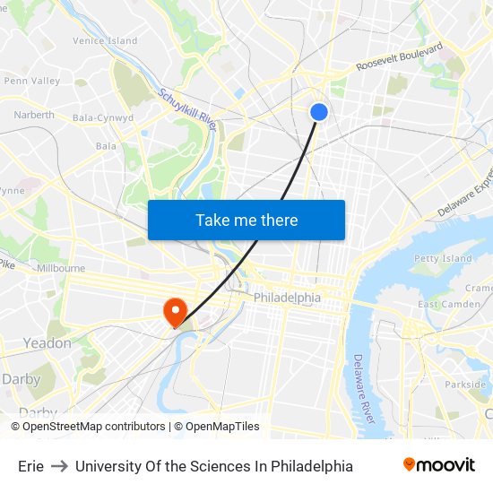 Erie to University Of the Sciences In Philadelphia map
