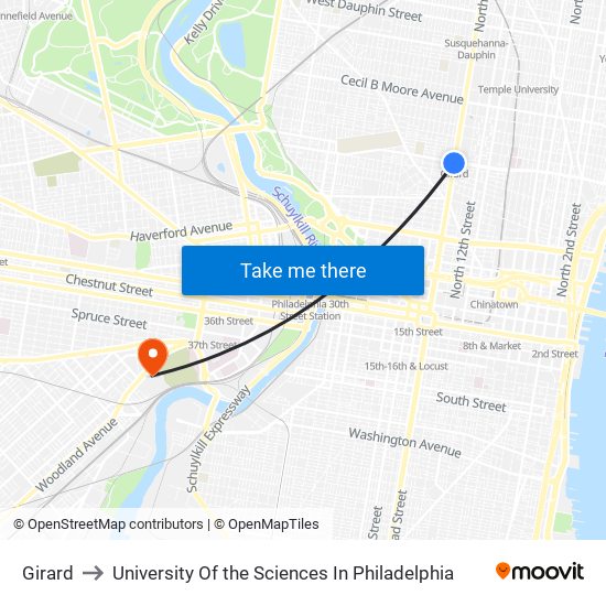 Girard to University Of the Sciences In Philadelphia map