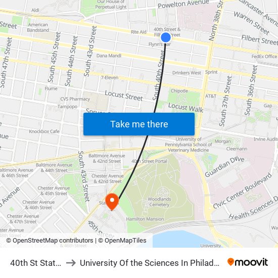 40th St Station to University Of the Sciences In Philadelphia map