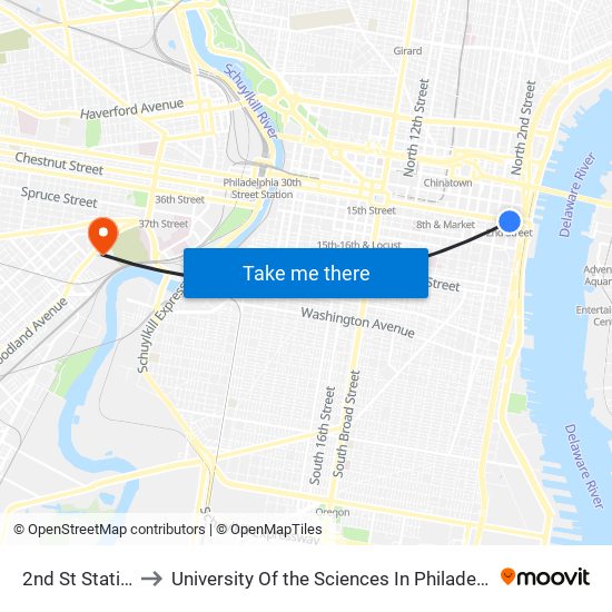 2nd St Station to University Of the Sciences In Philadelphia map