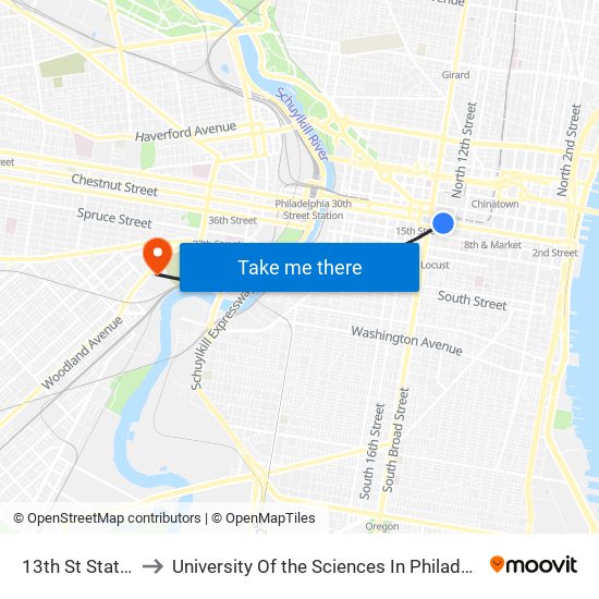 13th St Station to University Of the Sciences In Philadelphia map
