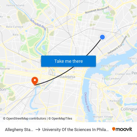 Allegheny Station to University Of the Sciences In Philadelphia map