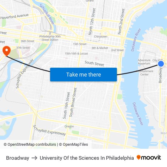 Broadway to University Of the Sciences In Philadelphia map