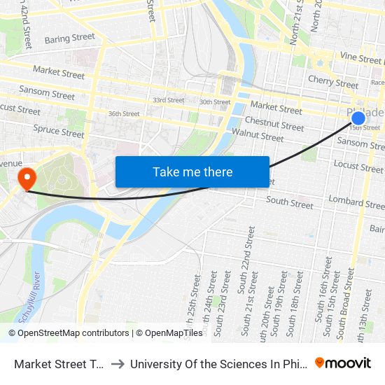 Market Street Trolley to University Of the Sciences In Philadelphia map