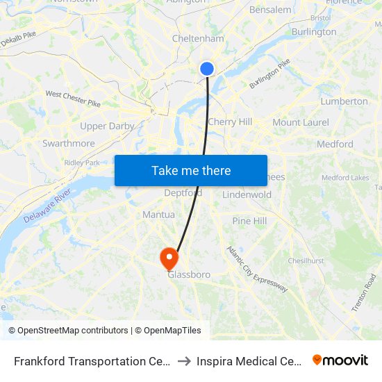 Frankford Transportation Center to Inspira Medical Center map