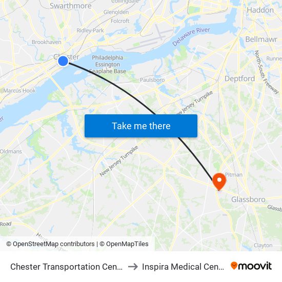 Chester Transportation Center to Inspira Medical Center map