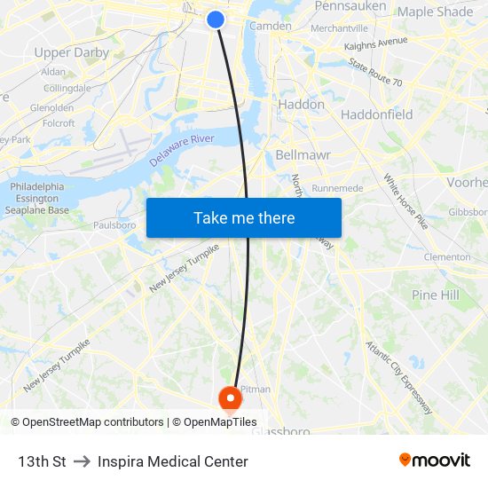 13th St to Inspira Medical Center map