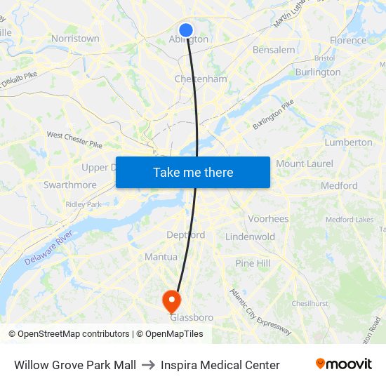 Willow Grove Park Mall to Inspira Medical Center map