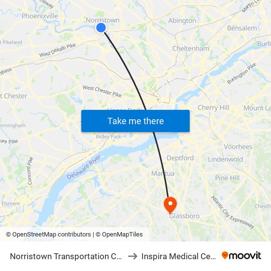 Norristown Transit Center to Inspira Medical Center map