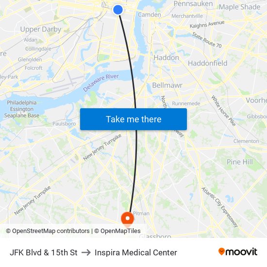JFK Blvd & 15th St to Inspira Medical Center map