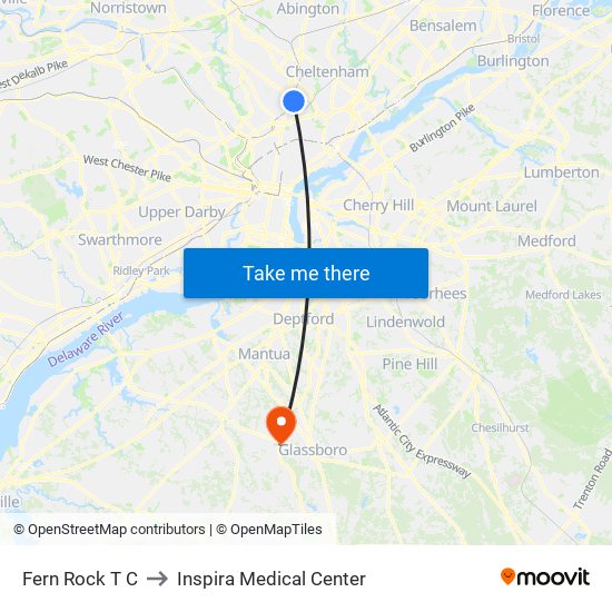 Fern Rock T C to Inspira Medical Center map