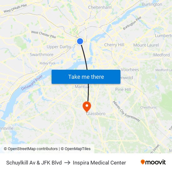 Schuylkill Av & JFK Blvd to Inspira Medical Center map