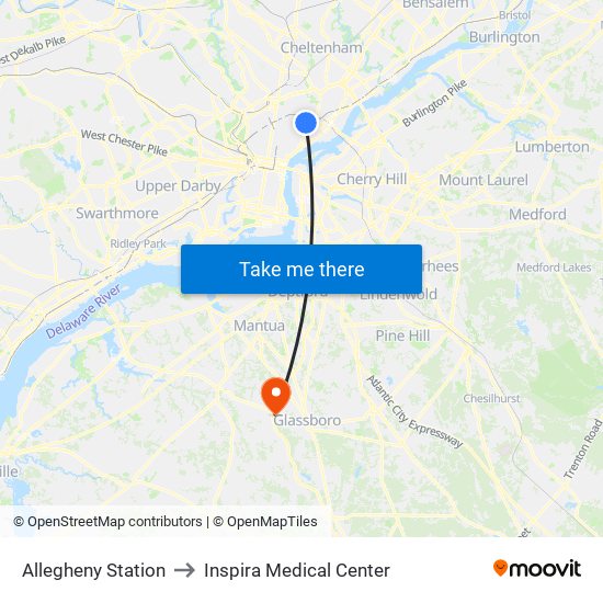 Allegheny Station to Inspira Medical Center map