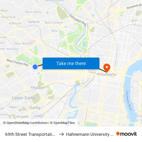 69th Street Transportation Center to Hahnemann University Hospital map