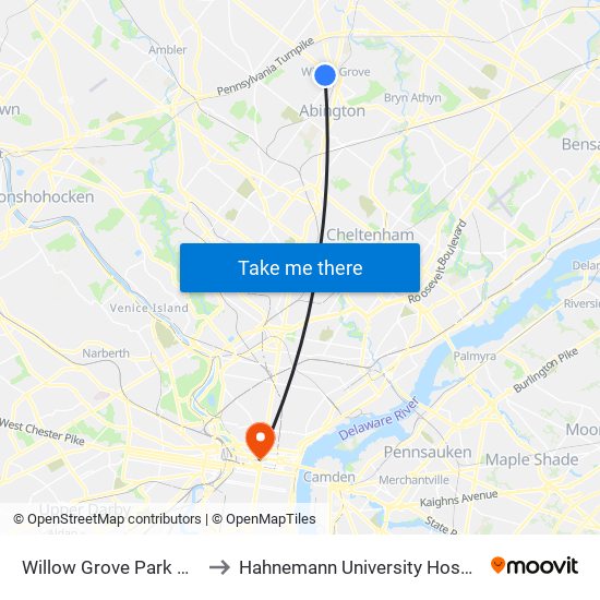 Willow Grove Park Mall to Hahnemann University Hospital map