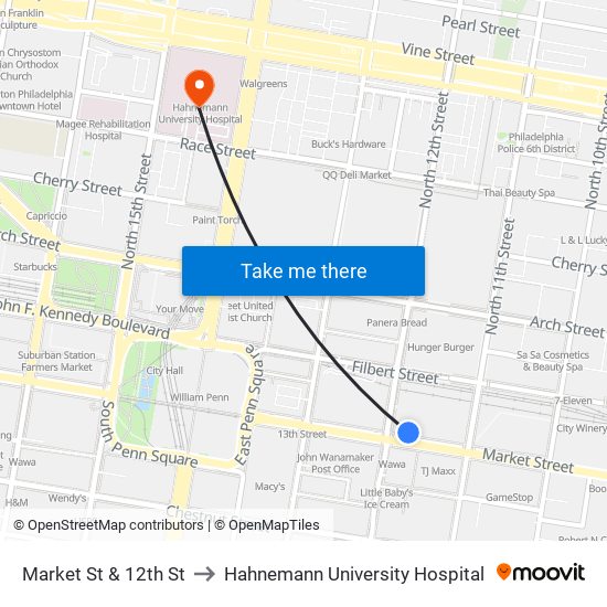 Market St & 12th St to Hahnemann University Hospital map