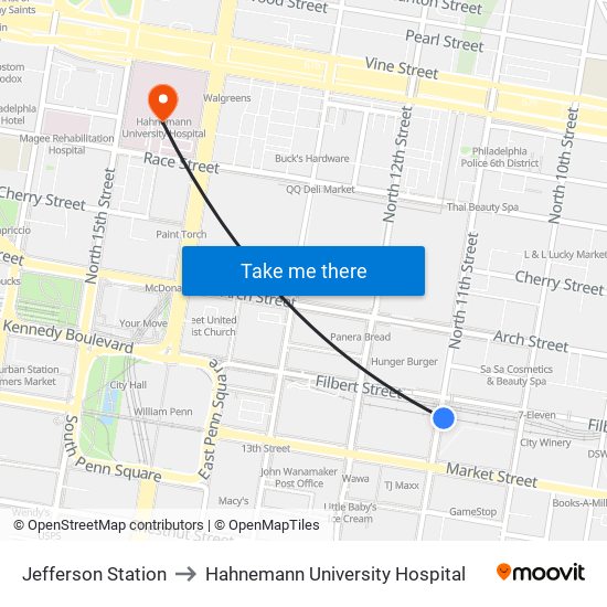 Jefferson Station to Hahnemann University Hospital map