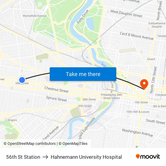 56th St Station to Hahnemann University Hospital map