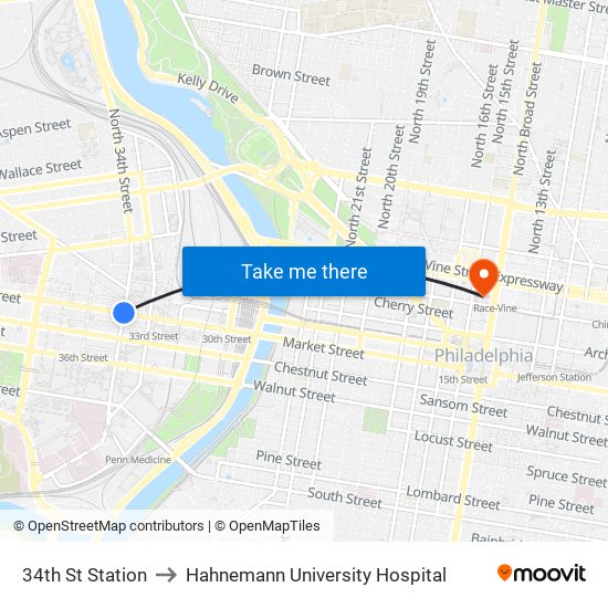 34th St Station to Hahnemann University Hospital map