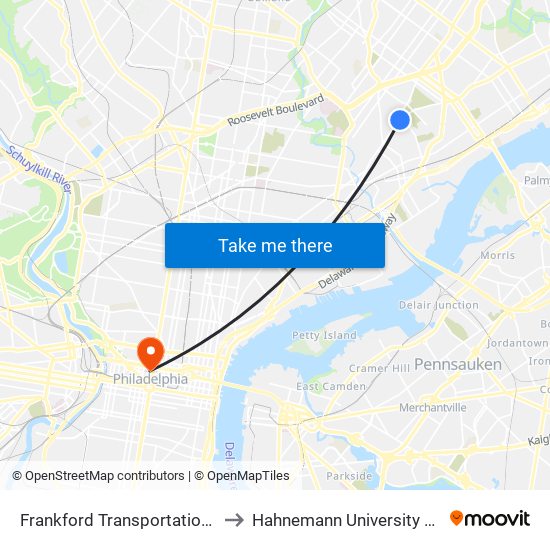 Frankford Transportation Center to Hahnemann University Hospital map