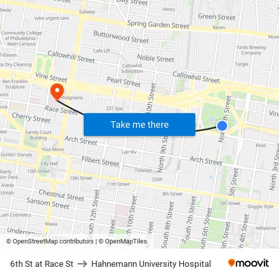 6th St at Race St to Hahnemann University Hospital map