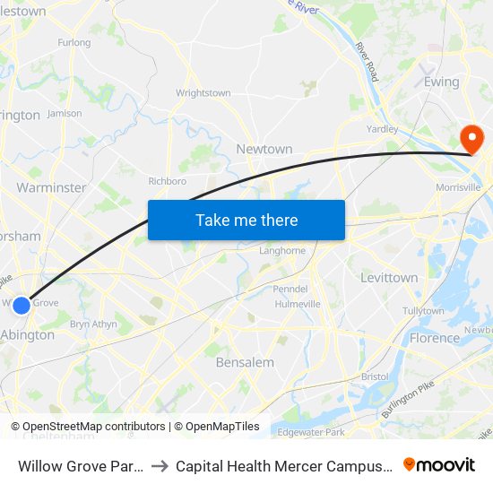 Willow Grove Park Mall to Capital Health Mercer Campus (Former) map