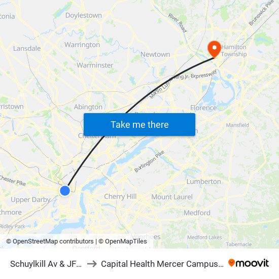 Schuylkill Av & JFK Blvd to Capital Health Mercer Campus (Former) map