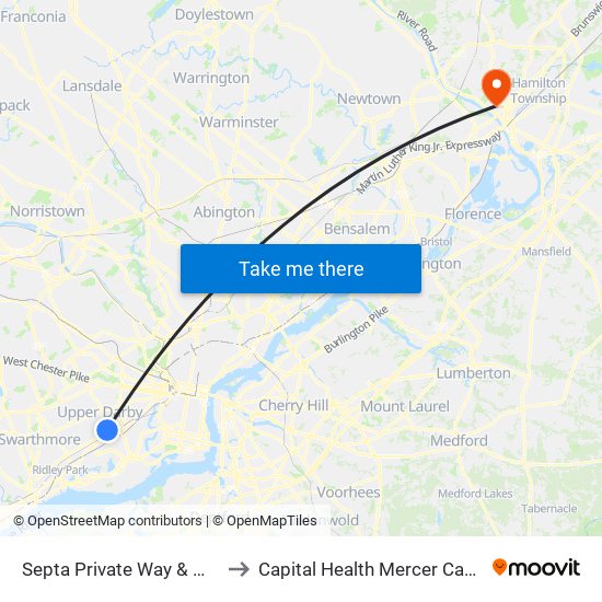 Septa Private Way & Macdade Blvd to Capital Health Mercer Campus (Former) map