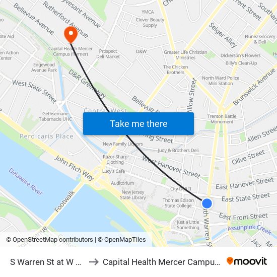 S Warren St at W State St to Capital Health Mercer Campus (Former) map