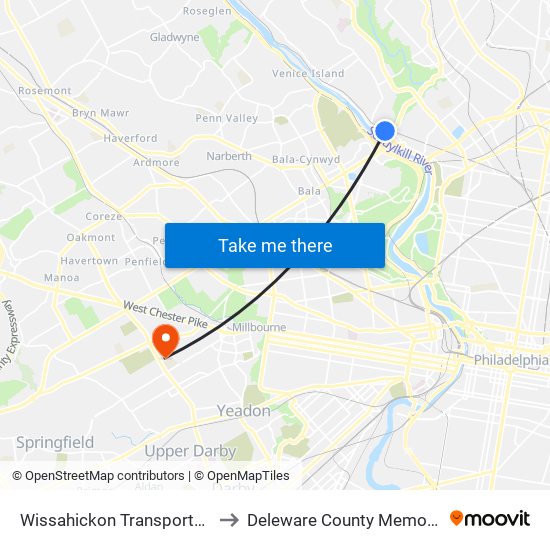 Wissahickon Transportation Center to Deleware County Memorial Hospital map