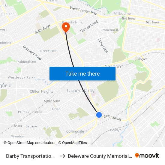 Darby Transportation Center to Deleware County Memorial Hospital map