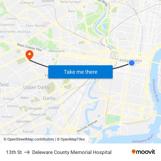 13th St to Deleware County Memorial Hospital map